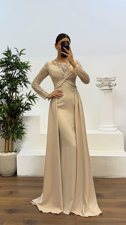 Bej İşleme Detay  Abiye Elbise