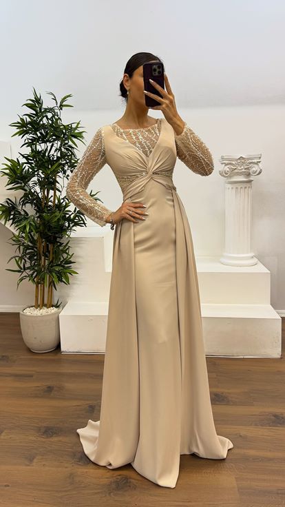 Bej İşleme Detay  Abiye Elbise