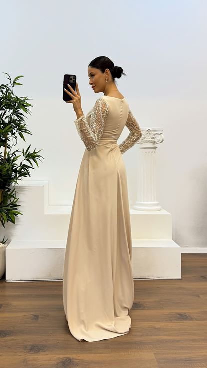 Bej İşleme Detay  Abiye Elbise