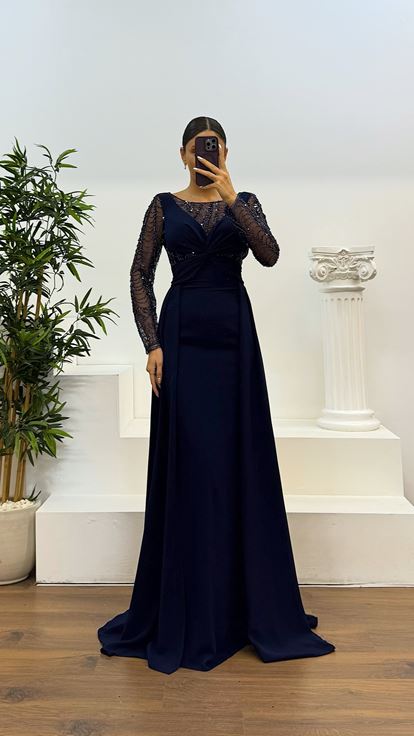 Lacivert İşleme Detay  Abiye Elbise