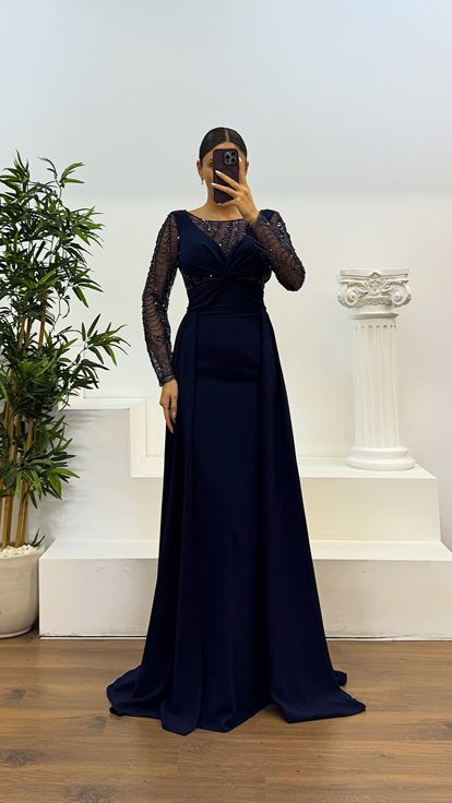 Lacivert İşleme Detay  Abiye Elbise