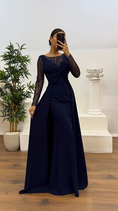 Lacivert İşleme Detay  Abiye Elbise