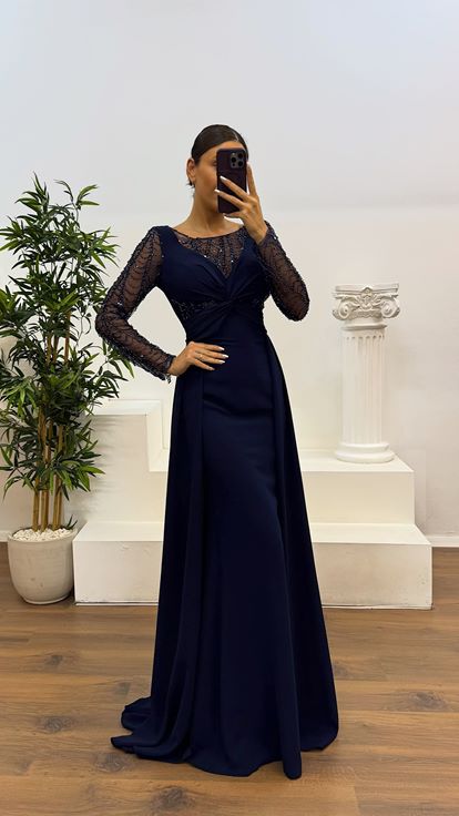 Lacivert İşleme Detay  Abiye Elbise