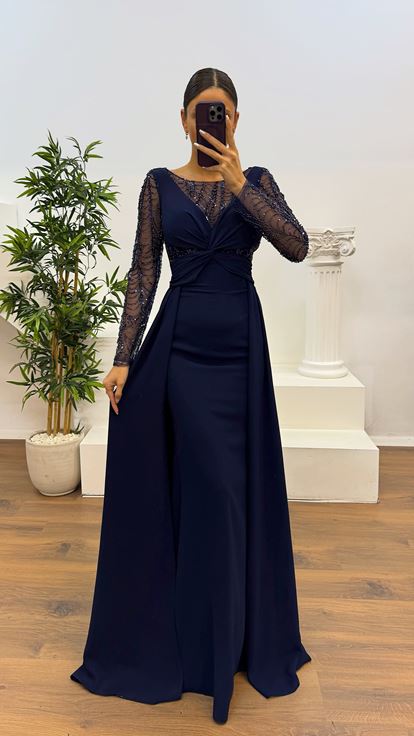 Lacivert İşleme Detay  Abiye Elbise