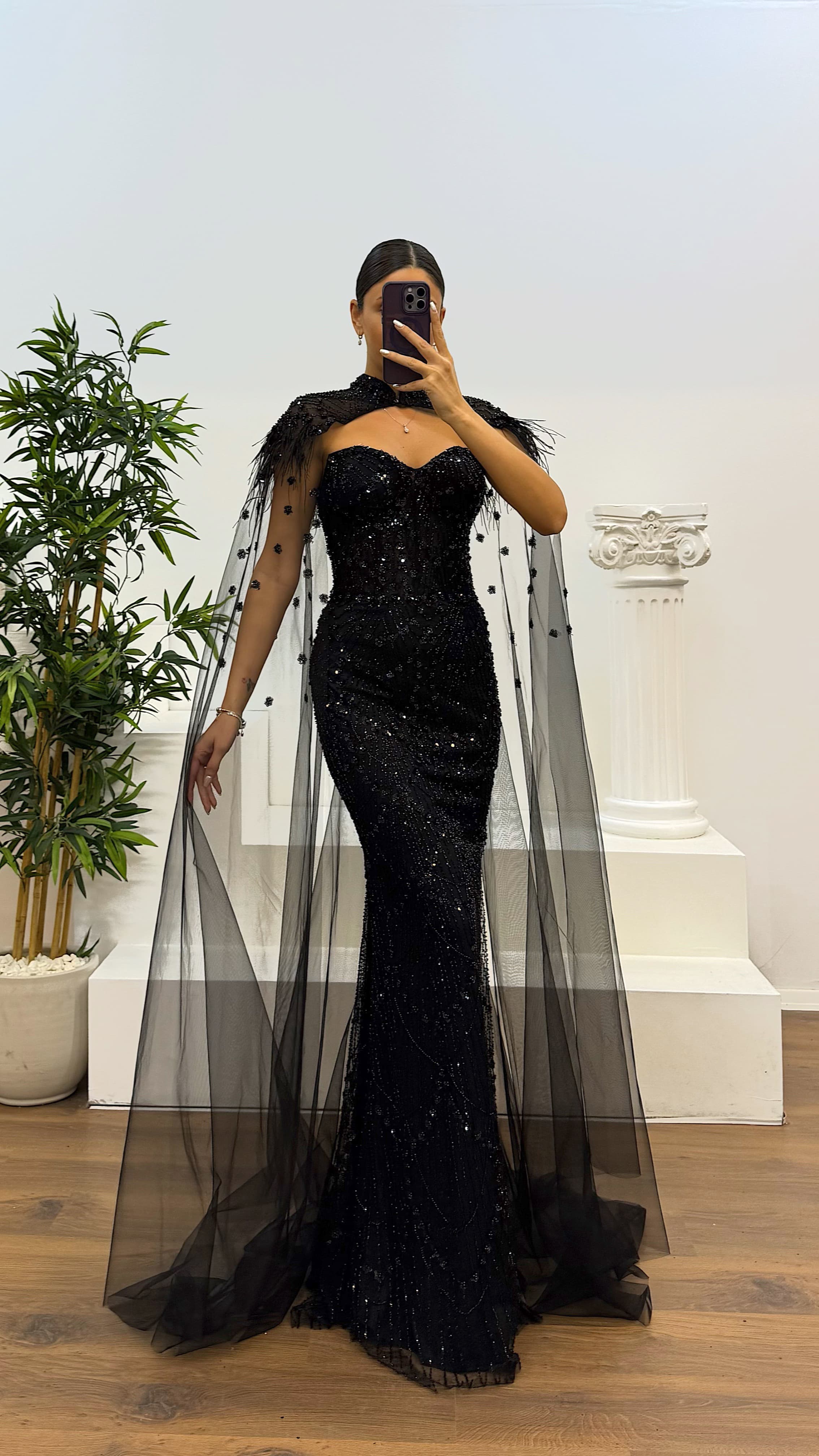 green emerald velvet dress Elegant Black Beaded Evening Dress with Cape Sleeves SS275