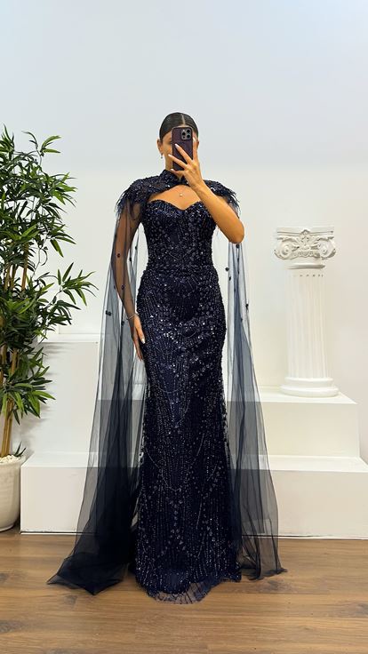 Navy Blue Cape Detailed Evening Dress