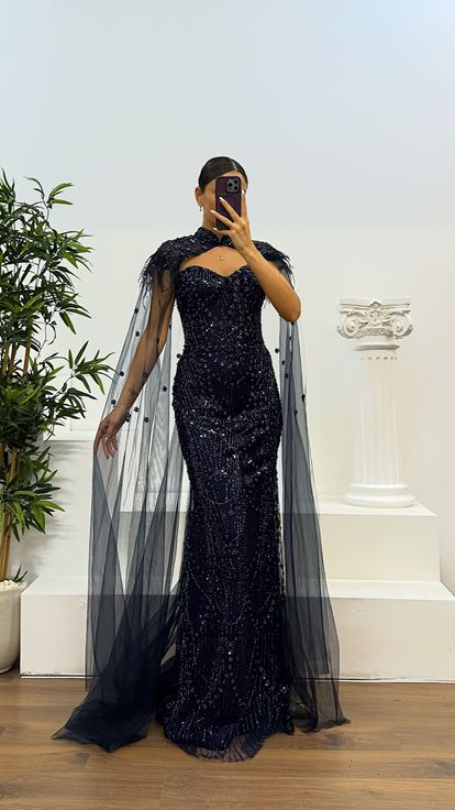 Navy Blue Cape Detailed Evening Dress