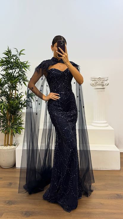Navy Blue Cape Detailed Evening Dress
