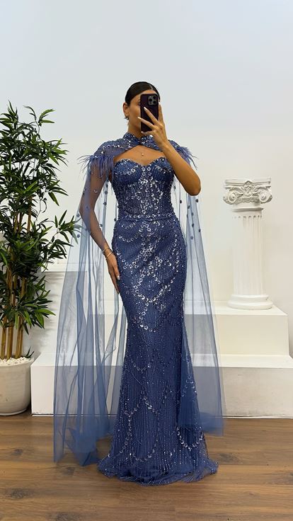 İndigo Pelerin Detay İşlemeli Abiye Elbise