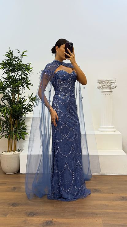 İndigo Pelerin Detay İşlemeli Abiye Elbise