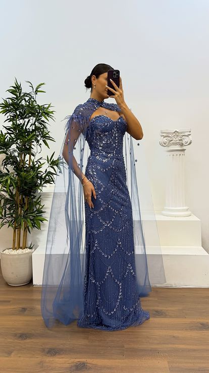 İndigo Pelerin Detay İşlemeli Abiye Elbise