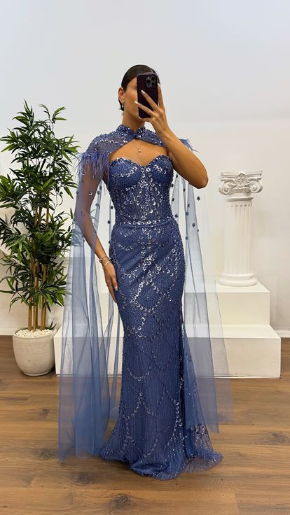 İndigo Pelerin Detay İşlemeli Abiye Elbise