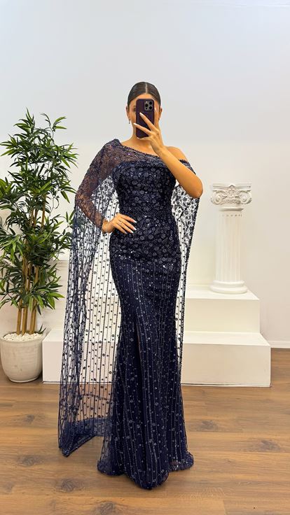 Lacivert İşlemeli Abiye Elbise
