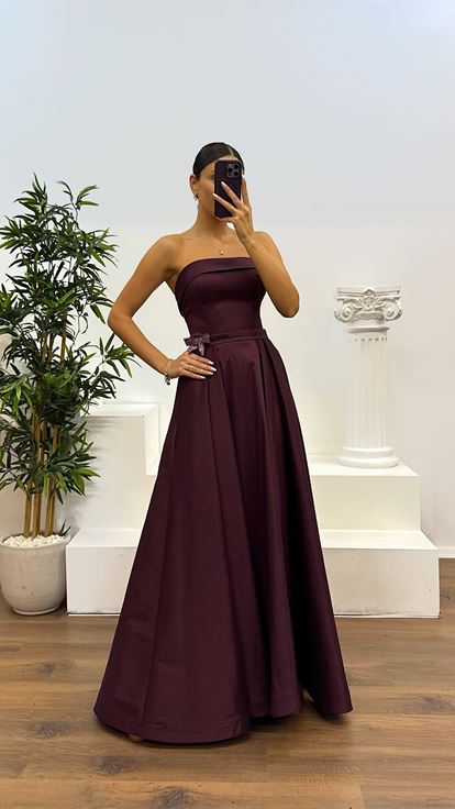 Bordo Straplez Tafta Abiye Elbise