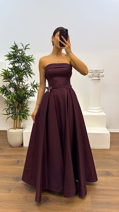 Bordo Straplez Tafta Abiye Elbise