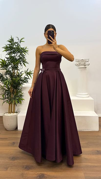 Bordo Straplez Tafta Abiye Elbise