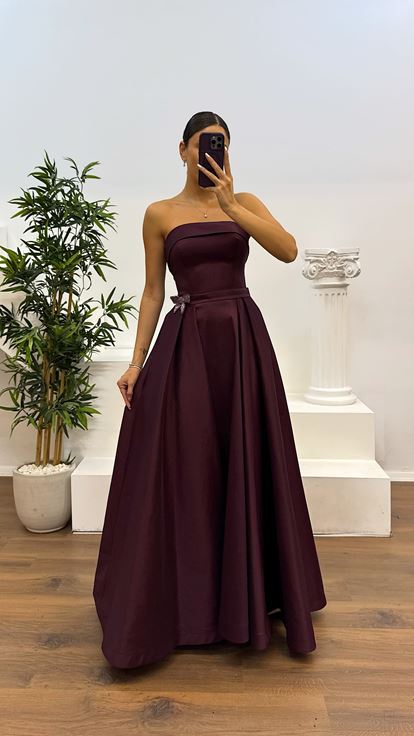 Bordo Straplez Tafta Abiye Elbise