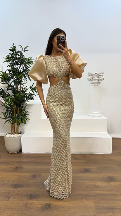 Gold Balon Kol Bel Detay Abiye Elbise