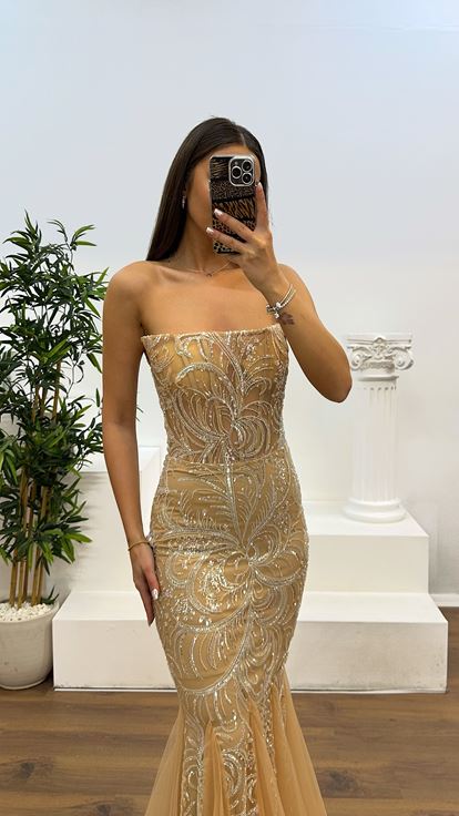 Gold Straplez Balık Model Abiye Elbise