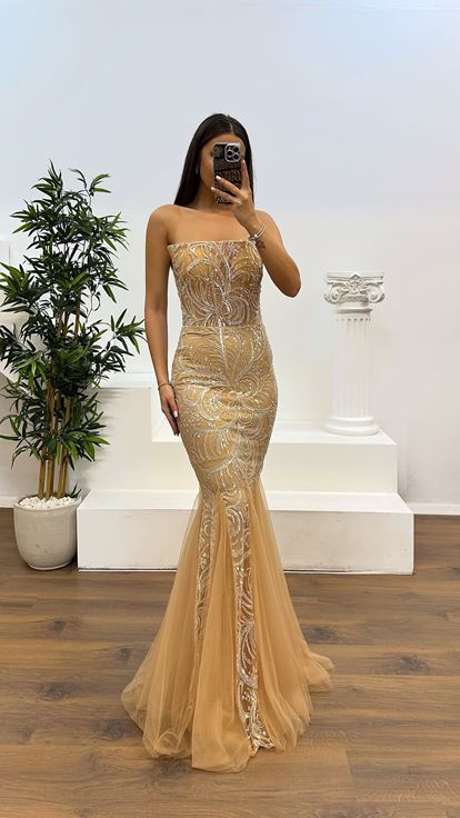 Gold Straplez Balık Model Abiye Elbise