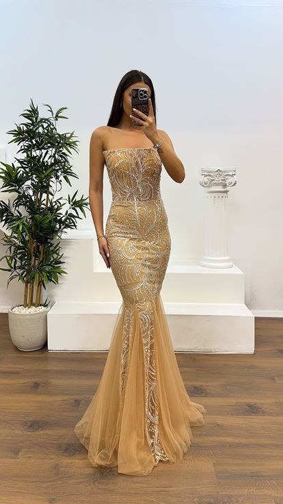 Gold Straplez Balık Model Abiye Elbise