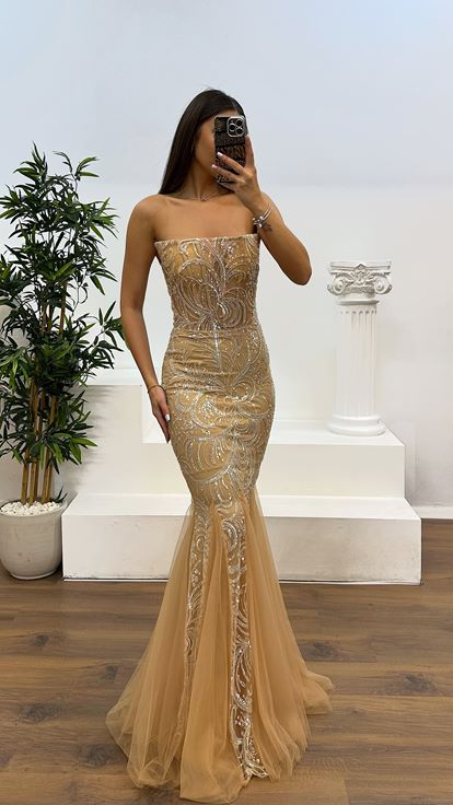 Gold Straplez Balık Model Abiye Elbise