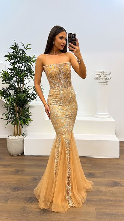 Gold Straplez Balık Model Abiye Elbise