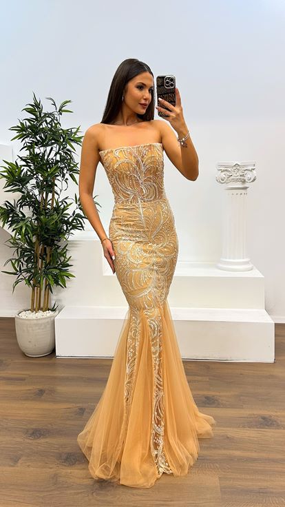 Gold Straplez Balık Model Abiye Elbise