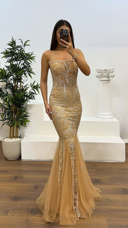 Gold Straplez Balık Model Abiye Elbise