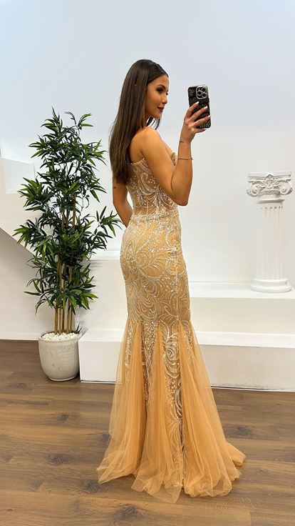 Gold Straplez Balık Model Abiye Elbise