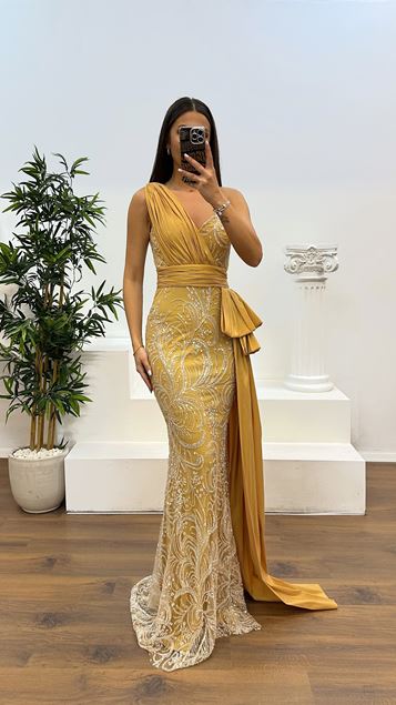 Gold One Shoulder Embroidered Evening Dress