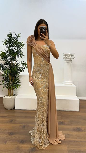 Gold One Shoulder Embroidered Evening Dress
