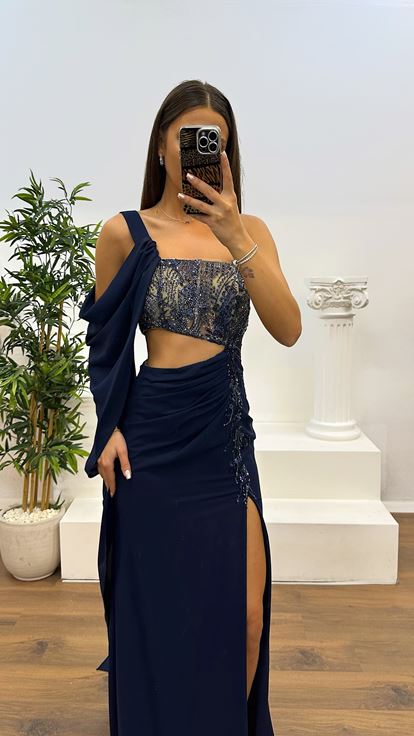 Navy Blue One Shoulder Evening Dress with Waist Detail