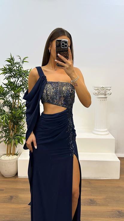 Navy Blue One Shoulder Evening Dress with Waist Detail
