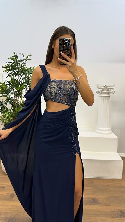Navy Blue One Shoulder Evening Dress with Waist Detail