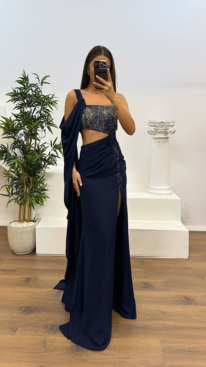 Navy Blue One Shoulder Evening Dress with Waist Detail