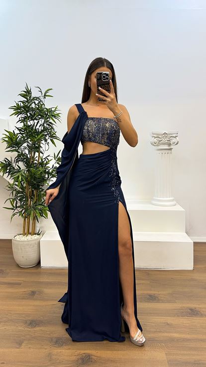 Navy Blue One Shoulder Evening Dress with Waist Detail