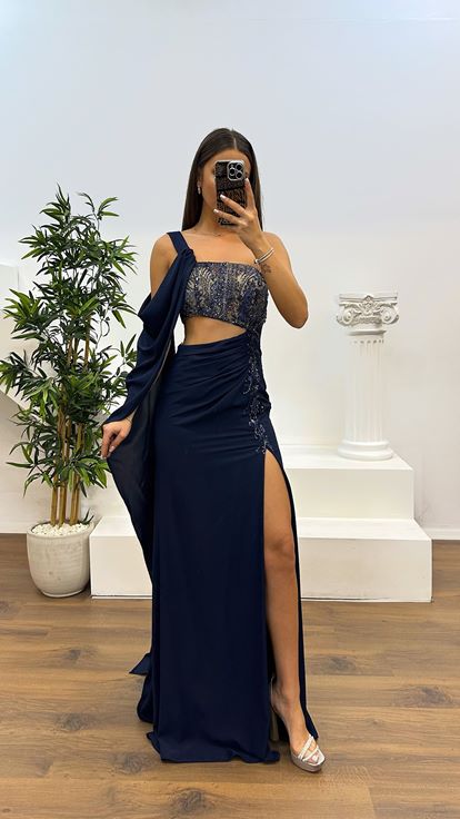 Navy Blue One Shoulder Evening Dress with Waist Detail