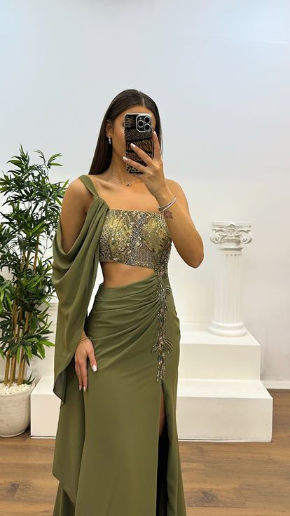 Haki Tek Omuz Bel Detay Abiye Elbise