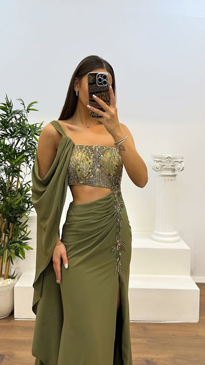 Haki Tek Omuz Bel Detay Abiye Elbise