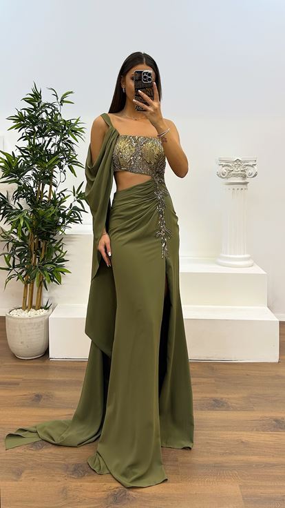 Haki Tek Omuz Bel Detay Abiye Elbise