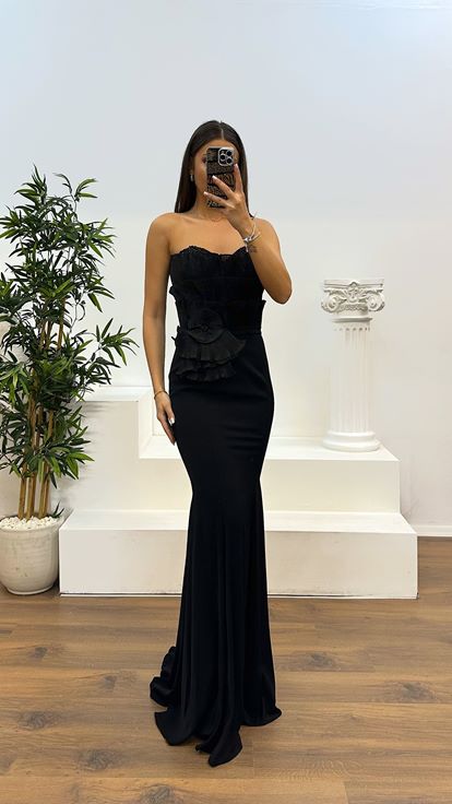 Black Strapless Chest Detail Evening Dress