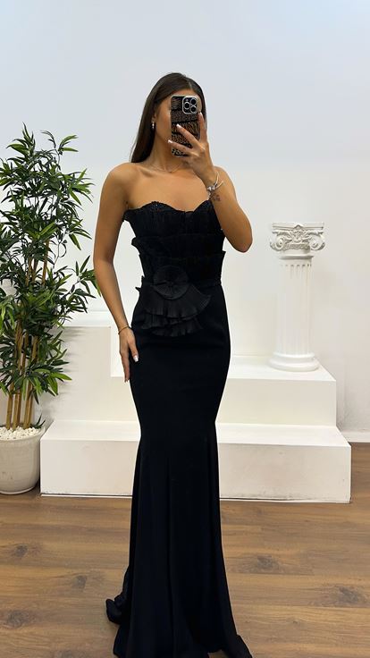 Black Strapless Chest Detail Evening Dress