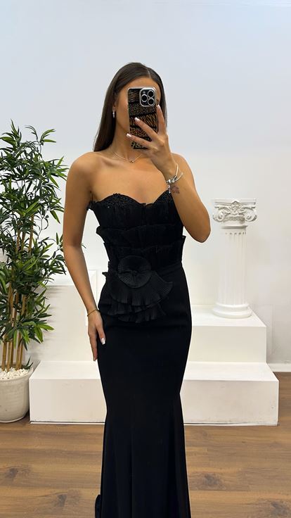 Black Strapless Chest Detail Evening Dress