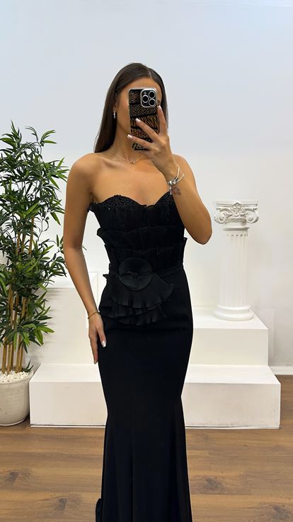 Black Strapless Chest Detail Evening Dress
