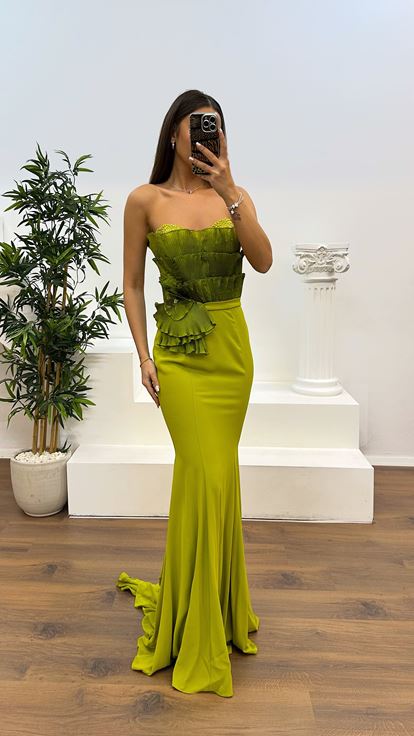 Green Strapless Chest Detail Evening Dress