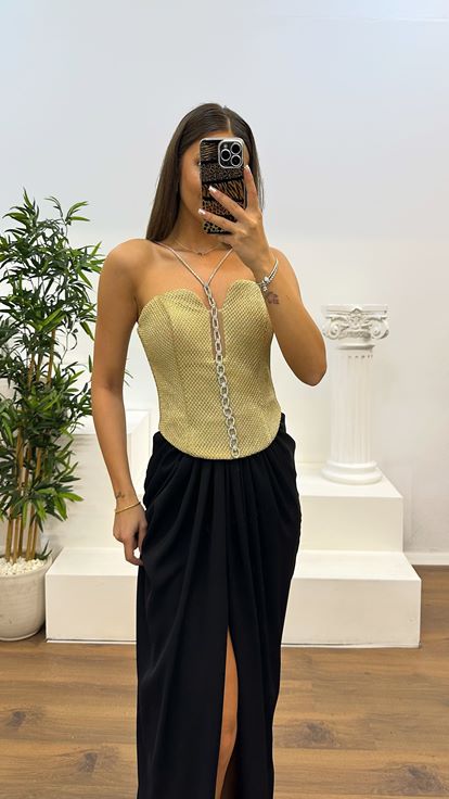 Gold Neck Detail Evening Dress