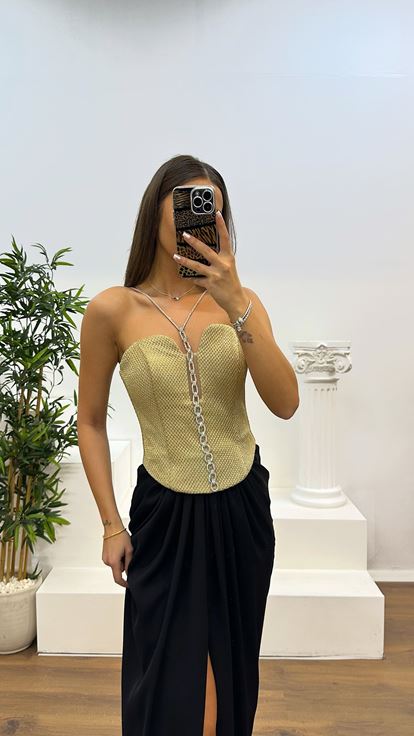 Gold Neck Detail Evening Dress