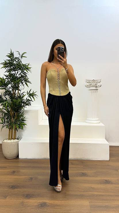 Gold Neck Detail Evening Dress
