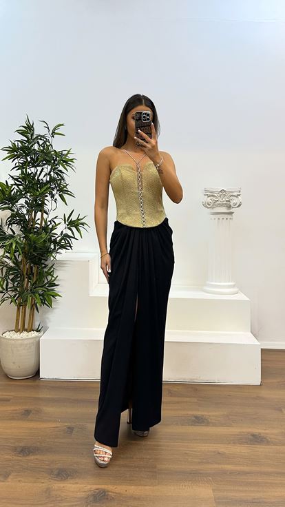 Gold Neck Detail Evening Dress